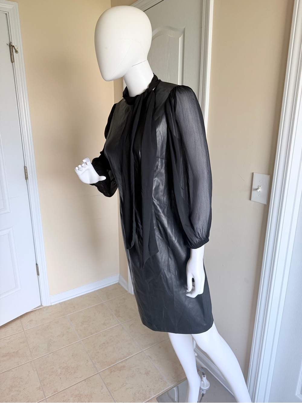 Calvin Klein Black Faux Leather Tie-Neck Midi Dress w/Sheer Sleeves Size 6 - Picture 6 of 8